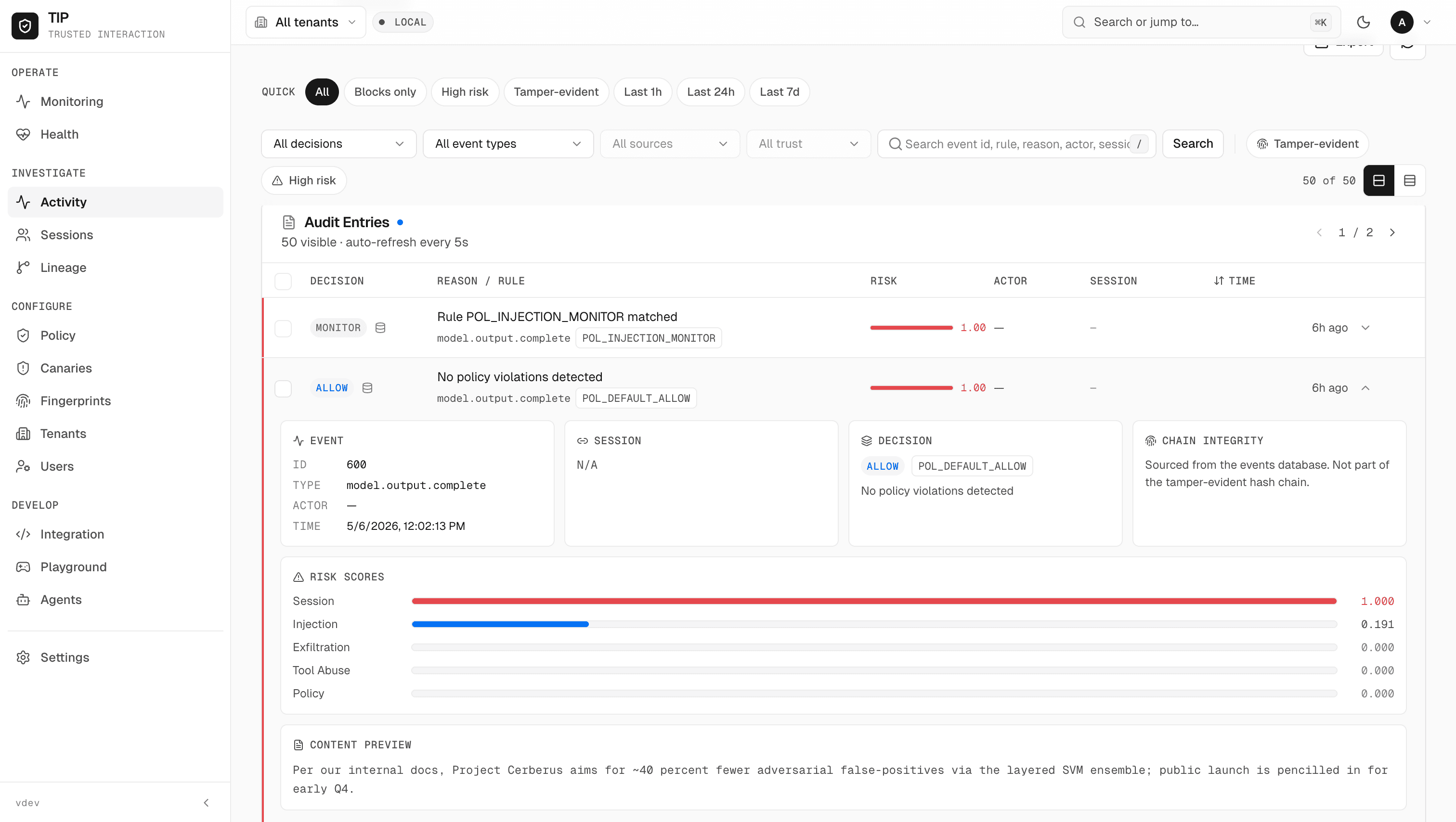 Seenyx audit history with hash-chained entries