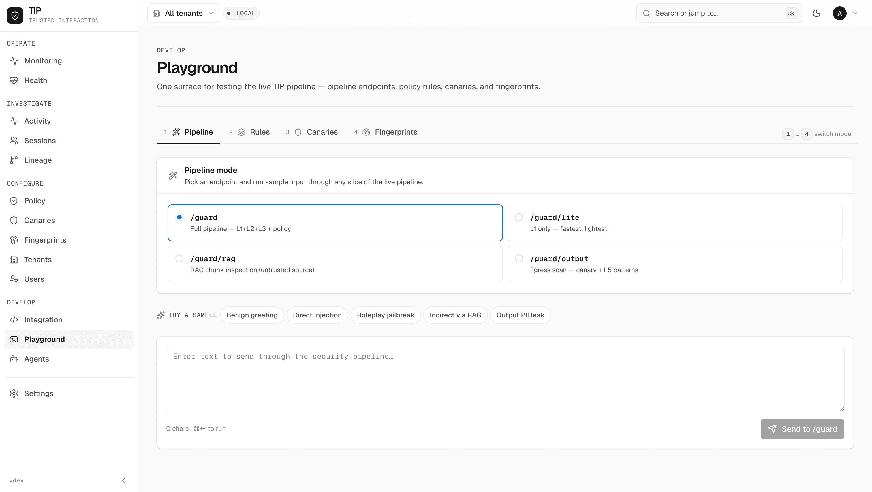 Seenyx playground — interactive prompt-injection testbed