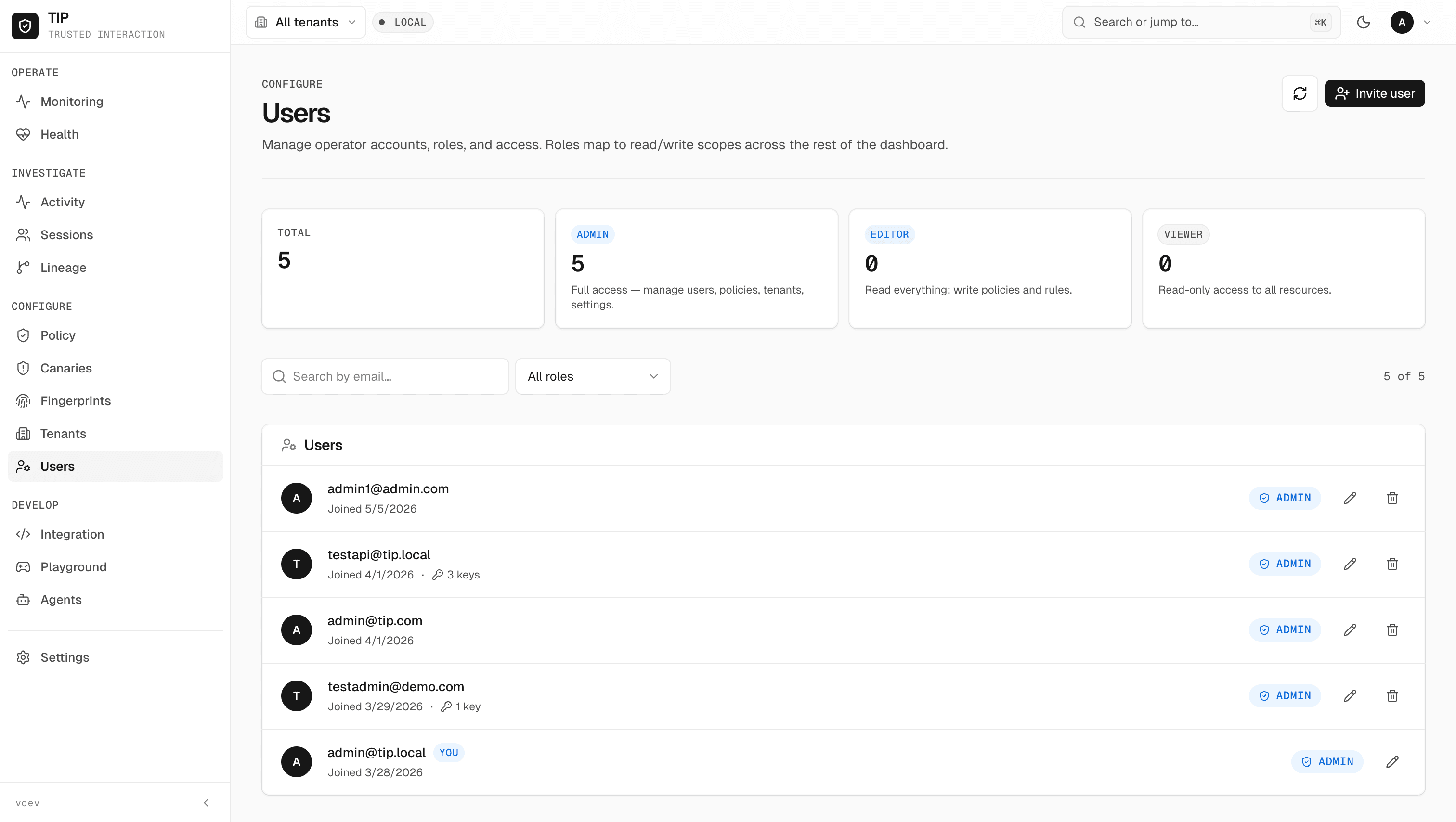 Seenyx user management with three-role RBAC